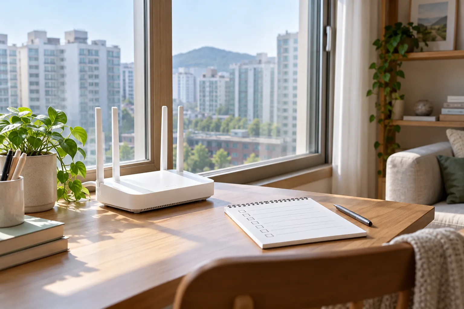 AI-generated illustration of an unbranded white router and a blank checklist on a desk beside an apartment window.